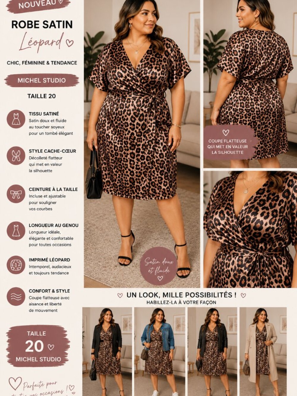 Michel Studio Satin Leopard Wrap Dress – Plus Size 20 – Chic Animal Print Midi D